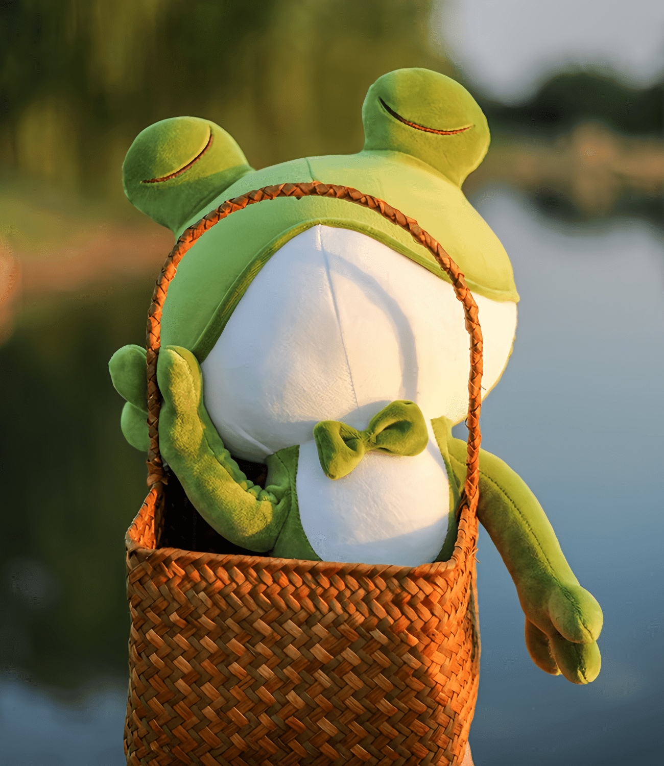 🛒 Frog carrying a shopping basket, ready for exciting adventures.